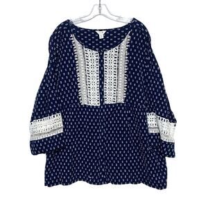 Intro Love Tunic Blouse Plus 3X Crochet Blue White Flowy Coastal Resort Boho